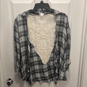 Gray and Black 3/4 Sleeve Button Down Shirt with Cut Out and Relaxed Style